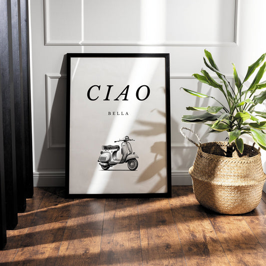 Ciao Bella - Vespa Print: Modern Italian Language Poster, Minimal Clean Aesthetic, Home Decor, Vespa Illustration, Beautiful Wall Quote