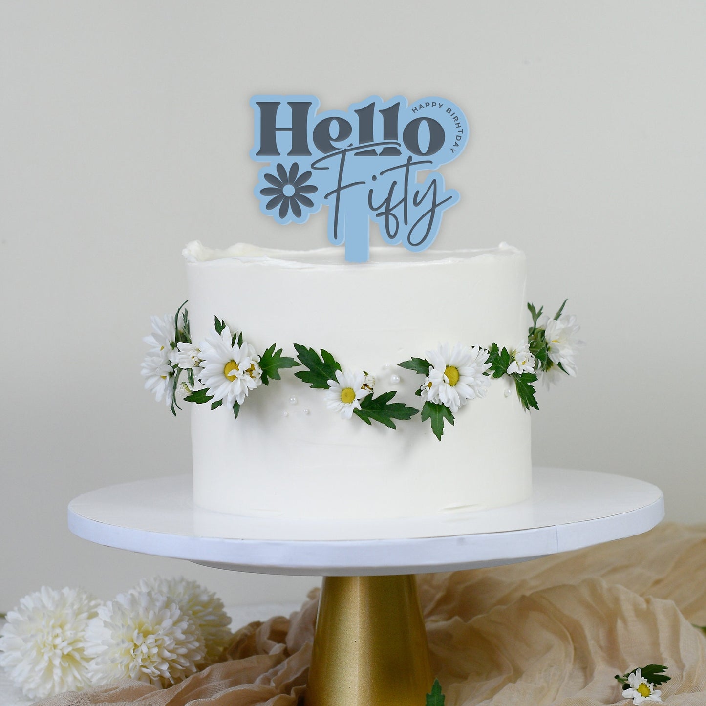 Hello Fifty - Birthday Cake Topper: Age Cake Decoration For 50s, Acrylic Cake Topper, Unique Birthday Party Decor For Her, Reusable Deco