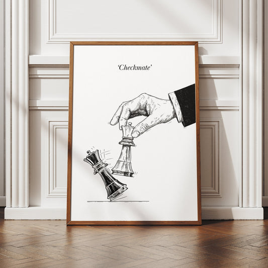 Checkmate Classic Poster: Chess Lover Print, Black & White Home Decor, Game room, Wall Art Illustration Chess pieces Mid Century Modern Art