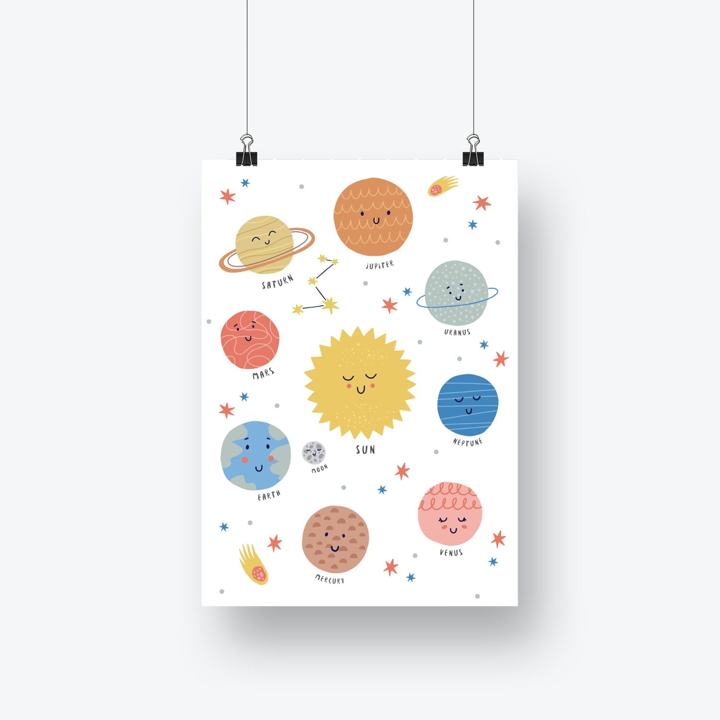 Smiley Solar System Poster: Illustrated Planet Prints, Kids Poster, Kids room decor, Nursery Poster, Solar System Illustration, Fun Poster