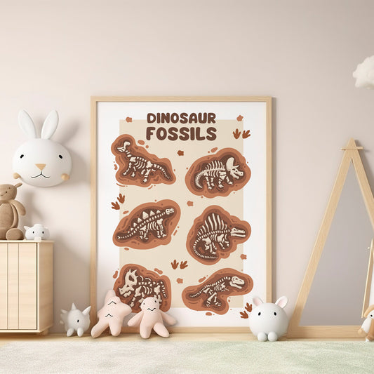Dinosaur Fossils Poster: Illustrated Dinosaur Fossils Print, Kids room decor, Paleontology, Children's Room Decor, Rustic Dinosaur Print