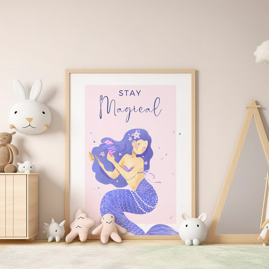 Stay Magical Mermaid Poster: Illustrated Mermaid Print, Kids room decor, Pastel Pink and Purple Prints, Children's Room Decor