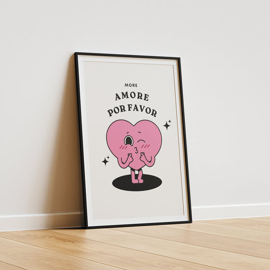 More Amore - Heart Cartoon Print: Wall Art, More Amor Por Favor Poster, Fun Home Decor, Positivity Print, Spread Love, Italian Quote