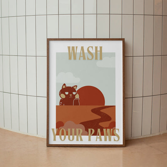 Wash Your Paws Cat Inspired Poster: Bathroom Print, Unique Home Decor, Cool Wash Room Print, Bathroom Quote Poster, Home Wall Art