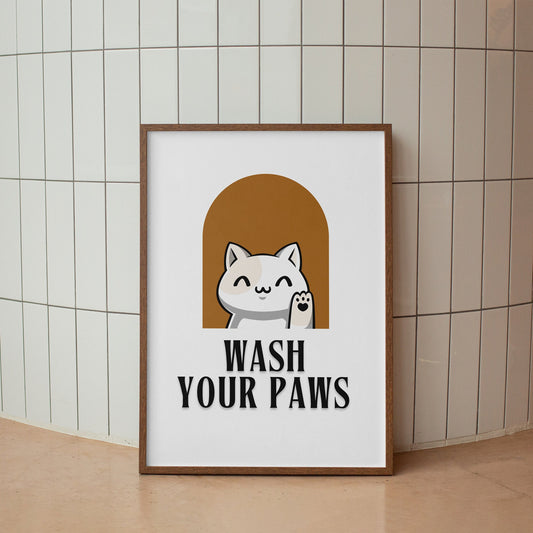 Wash Your Paws Cartoon Cat Inspired Poster: Bathroom Print, Unique Home Decor, Cool Wash Room Print, Bathroom Quote Poster, Home Wall Art