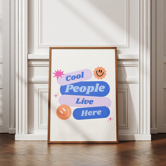 Cool People Live Here Smiley Print, Trendy Wall Art, Retro Print, Wall Art, Living Room Poster, Aesthetic Home Decor, Typography Print