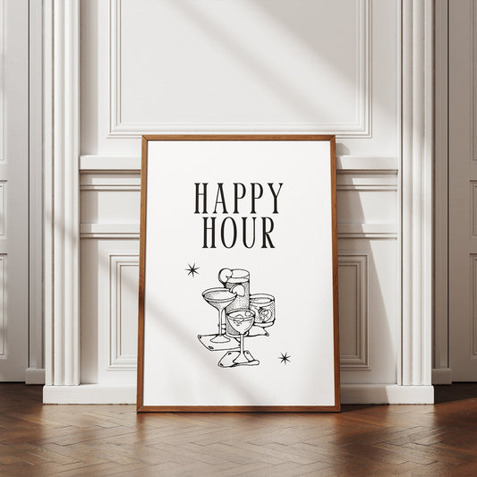 Happy Hour - Text With Stars Poster: Home Bar, Modern Home Decor, Cool Print, Kitchen Decor, Wall Art, Cocktail Lover, Happy Hour Wall Art