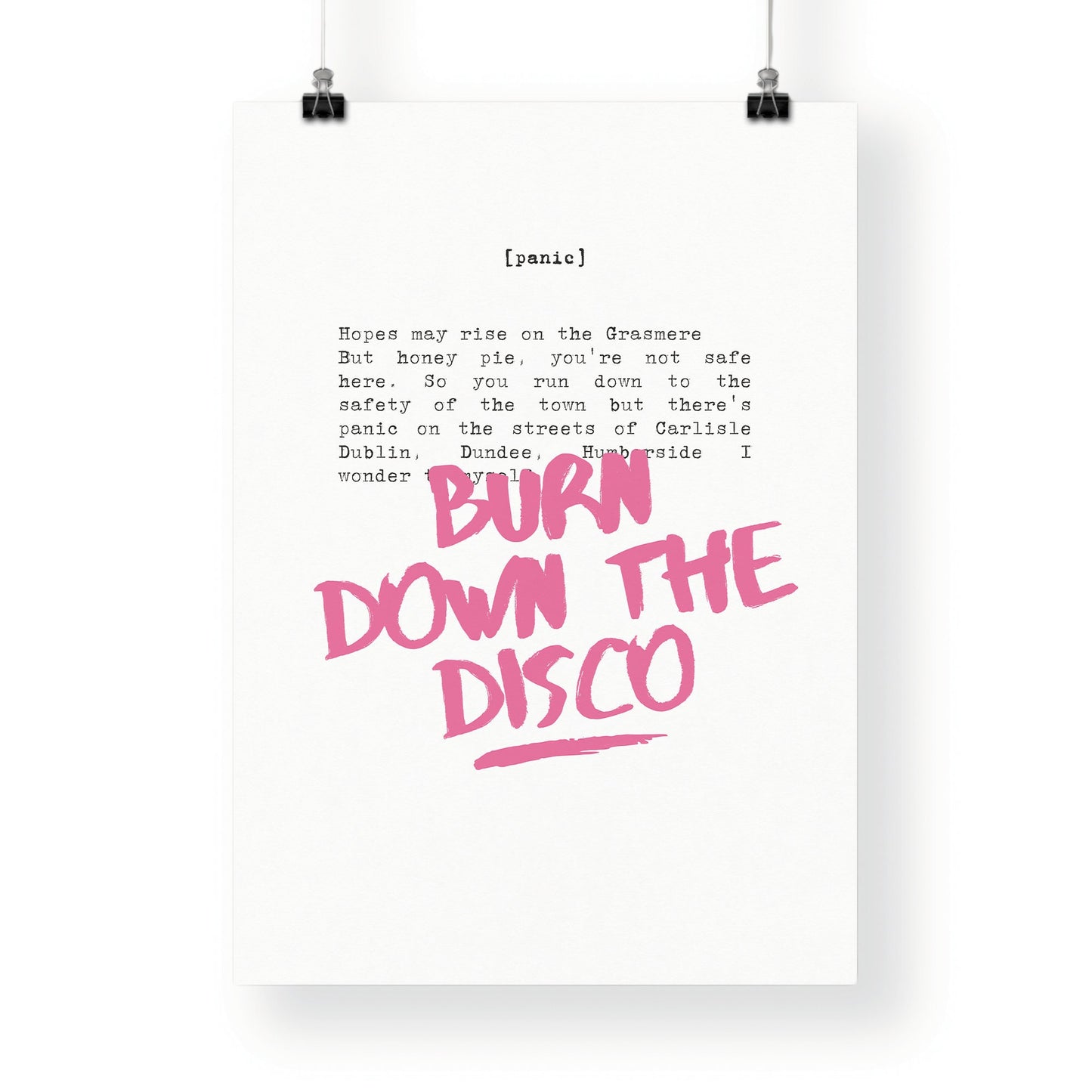 Panic Print - Typewrite: Burn Down The Disco Song-Inspired Poster, Iconic Wall Art, 80s Music Home Decor, Retro Print, Manchester Band