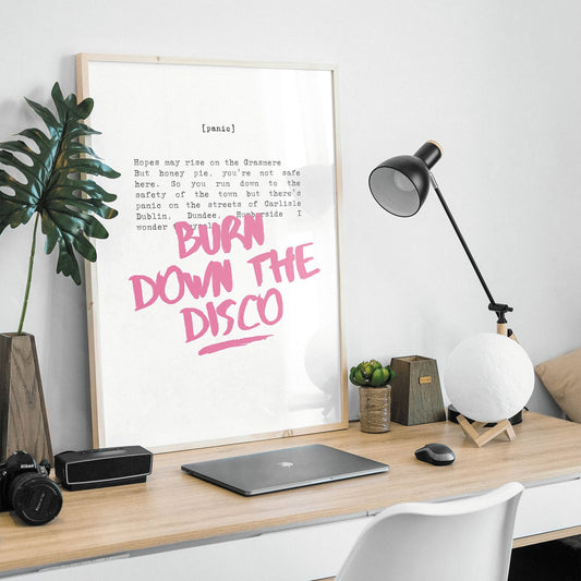 Panic Print - Typewrite: Burn Down The Disco Song-Inspired Poster, Iconic Wall Art, 80s Music Home Decor, Retro Print, Manchester Band