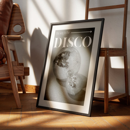 This Way To The Disco Poster: Disco Ball Image Design Home Decor, Modern Home Decor, Cool Print, Kitchen Decor, Wall Art, Vibrant Poster