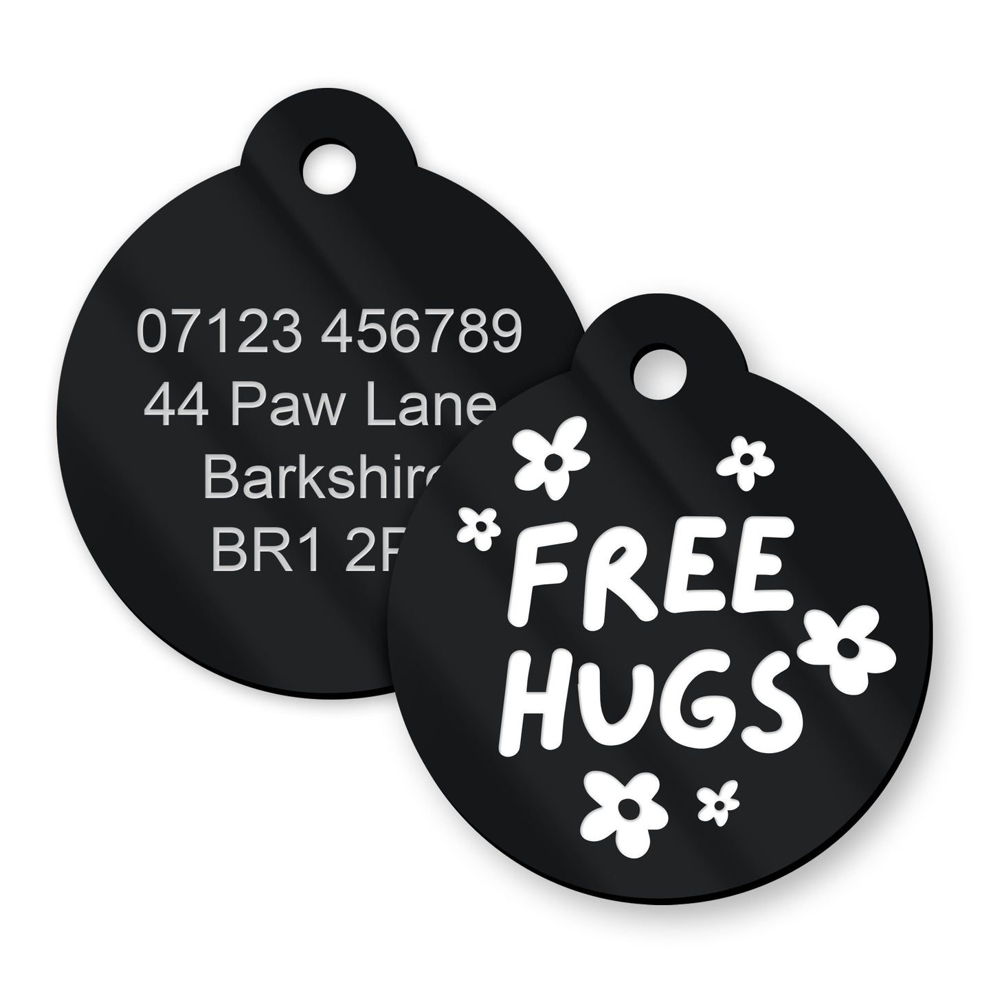 Free Hugs Flowers - Personalised Dog ID Collar Tag: Funny Custom Pet Safety Accessories, New Pet Essentials, Unique Dog Gift