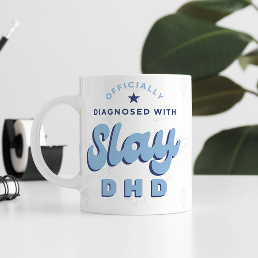 Slay DHD Mug: Blue Funny ADHD Mug, Coffee Cup, ADHD Awareness, Sassy diagnosis mug, Empowering Mental Health Humour, Spectrum Gift For Him