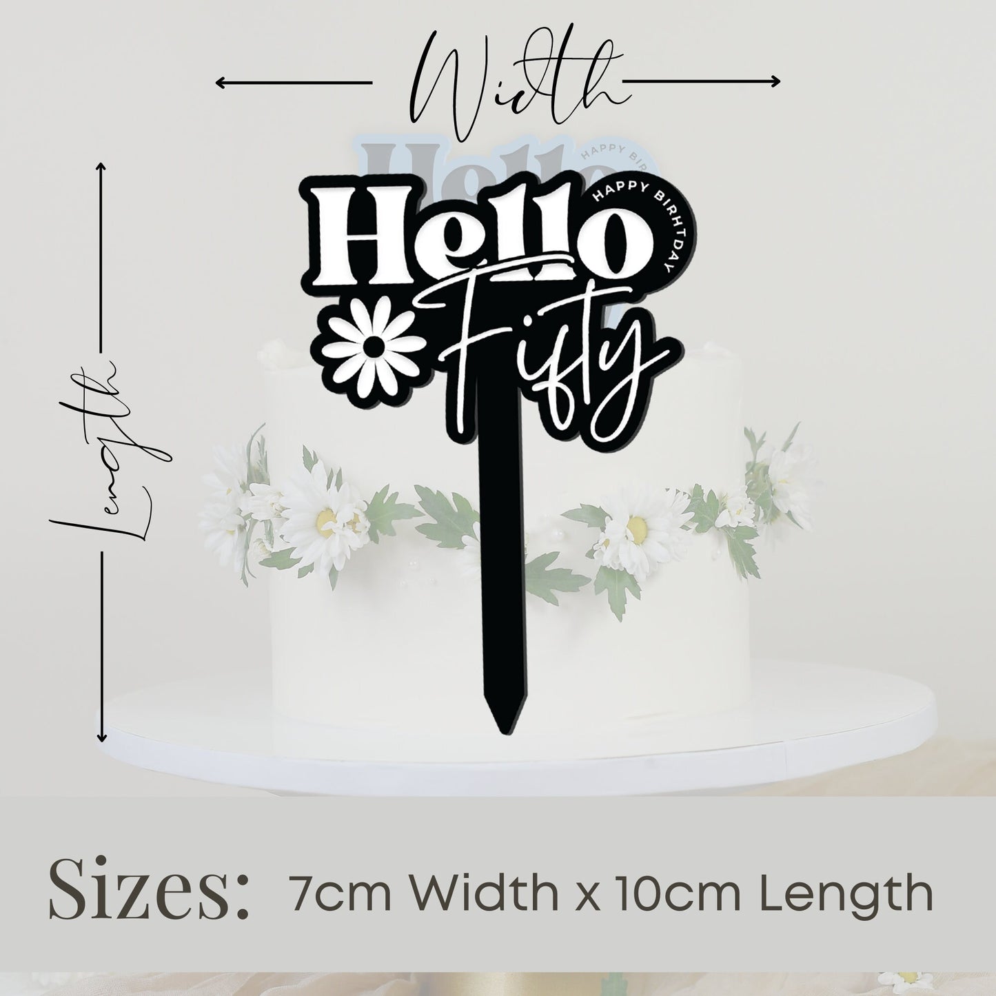 Hello Fifty - Birthday Cake Topper: Age Cake Decoration For 50s, Acrylic Cake Topper, Unique Birthday Party Decor For Her, Reusable Deco
