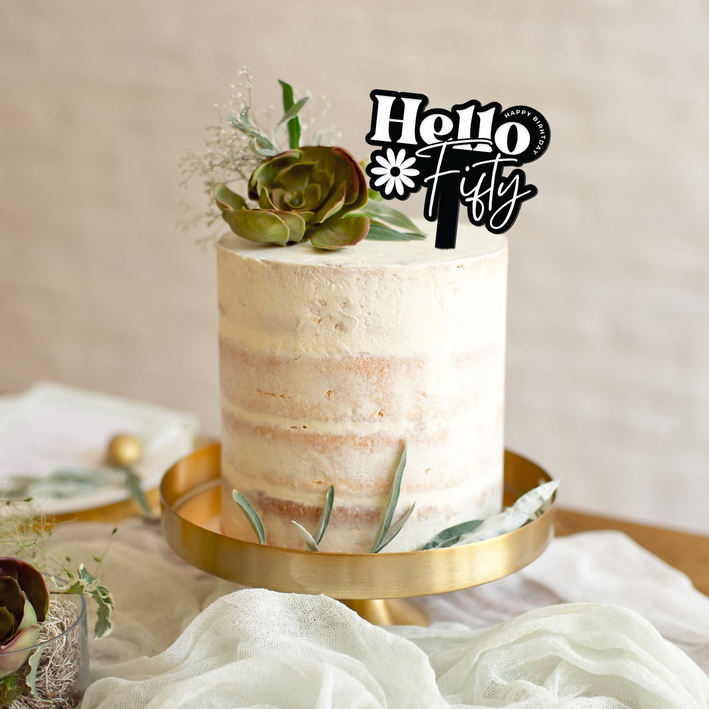 Hello Fifty - Birthday Cake Topper: Age Cake Decoration For 50s, Acrylic Cake Topper, Unique Birthday Party Decor For Her, Reusable Deco