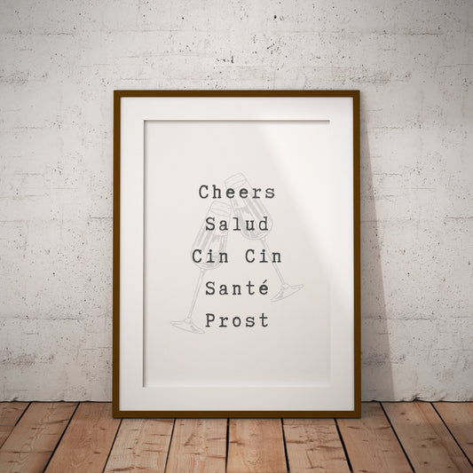Cheers - Typewriter Print: Cool Language Quote Wall Art, Toast Poster, Modern Home Decor, Typography Print, Home Bar or Kitchen Decor
