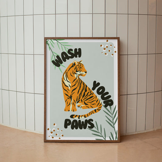 Wash Your Paws Tiger Inspired Poster: Bathroom Print, Unique Home Decor, Cool Wash Room Print, Bathroom Quote Poster, Home Wall Art