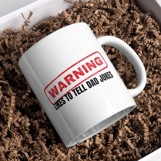 Warning! Likes To Tell Dad Jokes Red Mug: Unique Gift for Dad, Small Gift For Father's Day or Birthday Humour Mug, Perfect Funny Joke Gift
