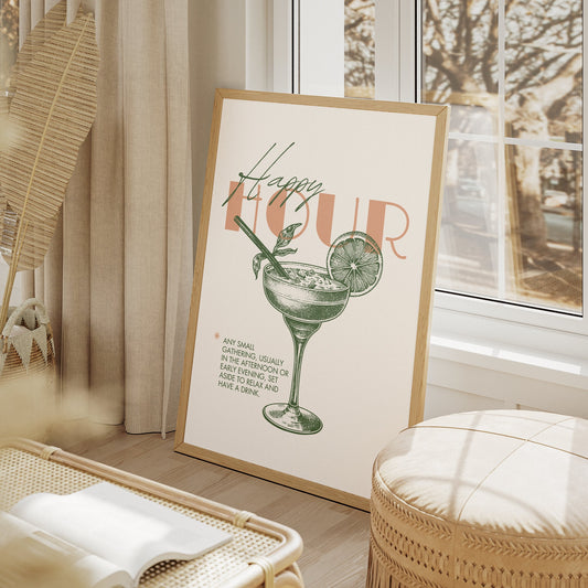 Happy Hour - Vintage Poster: Home Bar, Modern Home Decor, Cool Print, Kitchen Decor, Wall Art, Cocktail Lover, Happy Hour Wall Art