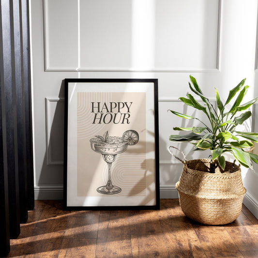 Happy Hour - Bauhaus Poster: Home Bar, Modern Home Decor, Cool Print, Kitchen Decor, Wall Art, Cocktail Lover, Happy Hour Wall Art
