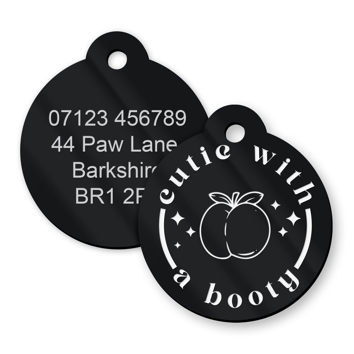 Cutie With A Booty Peach - Personalised Dog ID Collar Tag: Funny Custom Pet Safety Accessories, New Pet Essentials, Unique Dog Gift