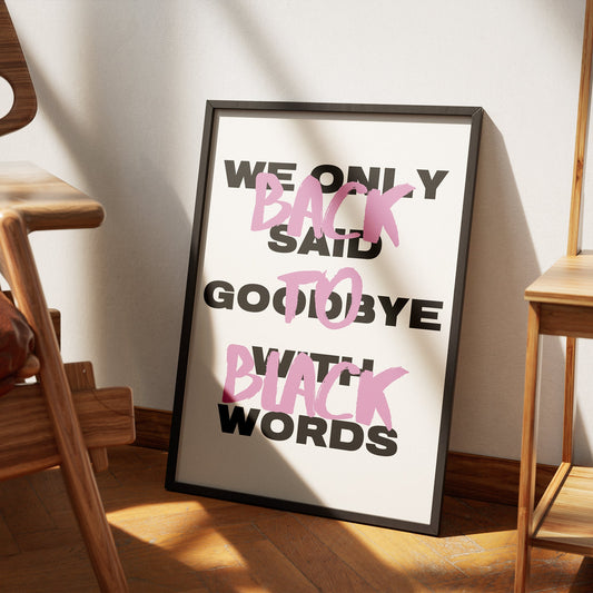 Back To Black Pink Script Design Poster - Amy Winehouse Song-Inspired Gloss Print, Quote Poster, Home Decor,  Music Lyric Print, Music Lover