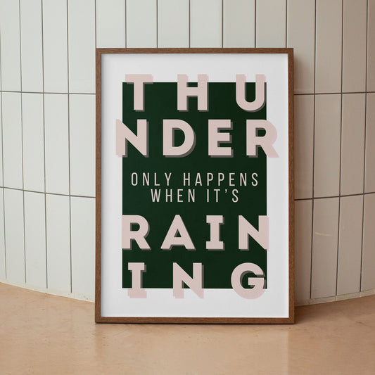 Dreams - Dark Green & Pink Poster: Fleetwood Mac, Thunder Only Happens When It's Raining, Lyric Print, Music Quote Poster, Home Decor Art