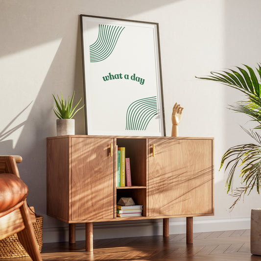What A Day - Modern Green Poster: Funny Pop Culture Quote Print, Humorous Wall Art, Bold Typography Print for Home or Office Decor