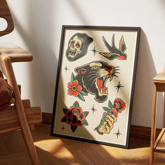 Traditional Tattoo - Flash Poster: Tattoo Flash Sheet Art Posters, Vintage Designs, Classic Ink-Inspired Wall Decor, Alternative Home Decor