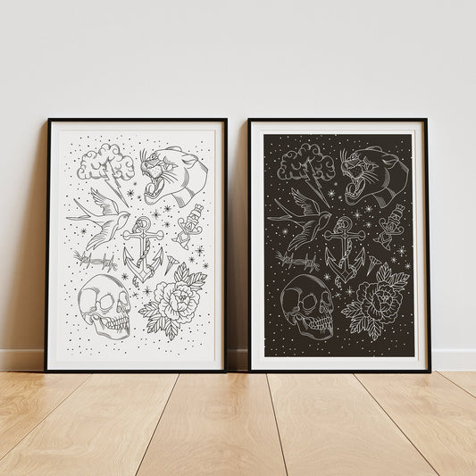 Traditional Tattoo - Line Flash Poster: Tattoo Flash Sheet Art Poster, Classic Designs, Ink-Inspired Wall Decor, Alternative Home Decor