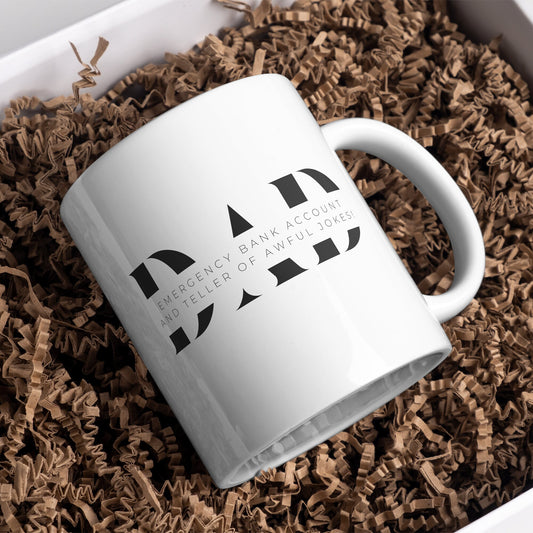 Dad, Emergency Bank Account And Teller Of Awful Jokes Farther's Day Mug: Unique Gift for Dad, Small Gift For Father's Day, Humour Mug, Gift