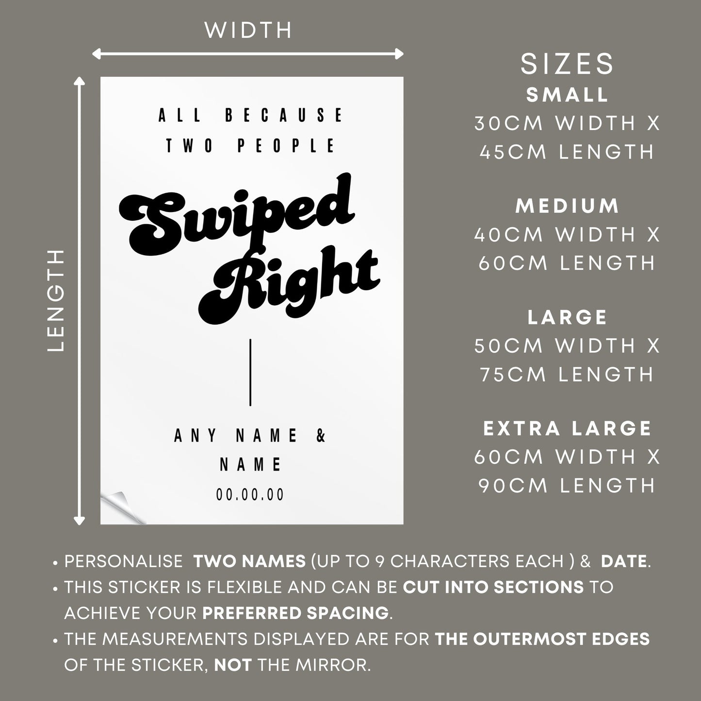 Swiped Right - Retro Mirror Sticker: Custom Decor, Personalised Vinyl Decal For DIY Engagement, Wedding, or Anniversary Party Sign