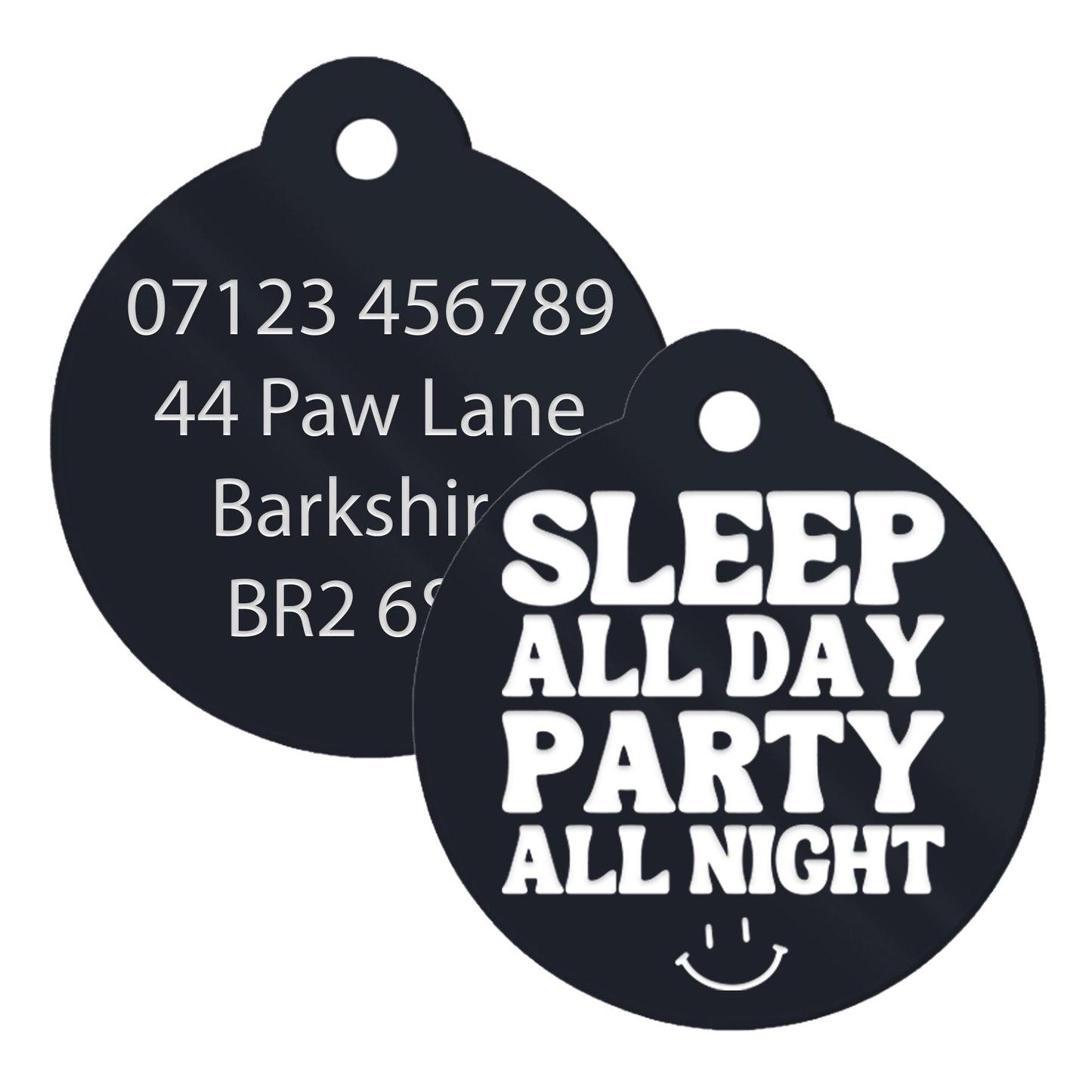 Sleep All Day, Party All Night - Personalised Dog ID Collar Tag: Custom Pet Safety Accessories, Cheeky Unique Gift For Dog, Fun & Playful ID