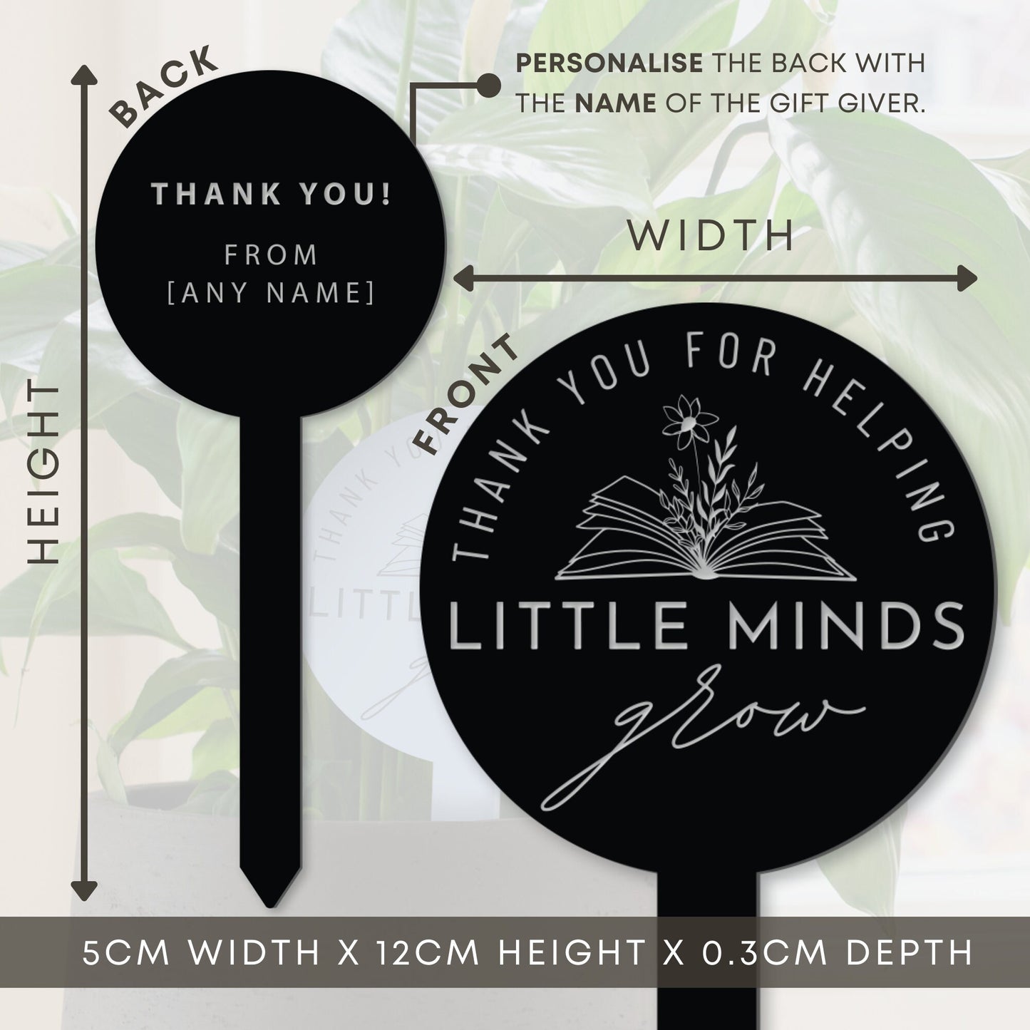 Little Minds - Book Personalised Acrylic Plant Tag: Thank You Gift for Teachers, Custom Teacher Appreciation Gift, End-of-year teacher gift