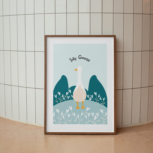 Silly Goose Wall Art, Blue Backdrop Design, Bedroom Poster, Funny Home Decor, Trendy Wall Art, Modern Design, Silly Animal Prints