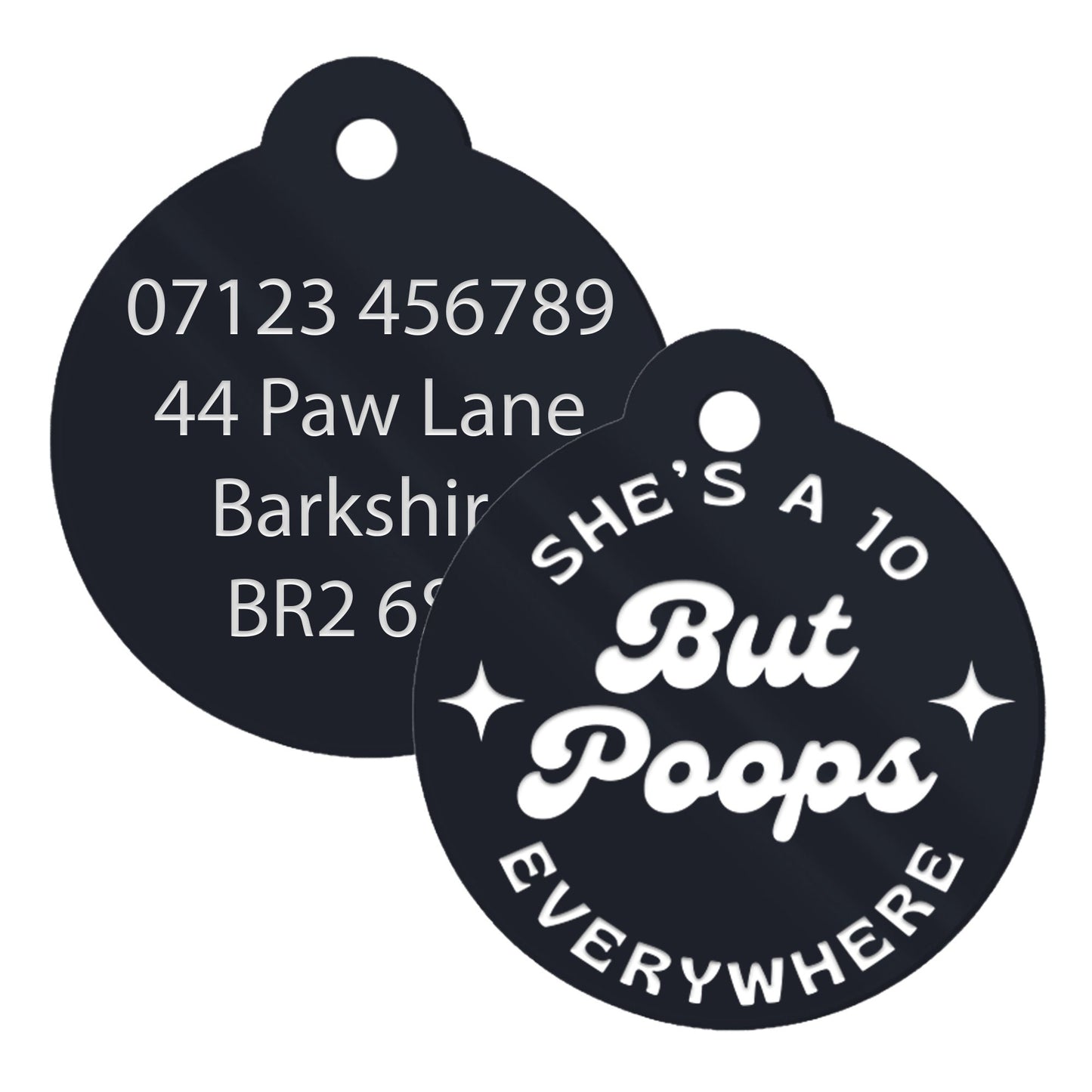 She's A 10 But Poops Everywhere, Personalised Dog ID Collar Tag: Funny Custom Pet Accessories, New Pet Essentials, Stars Design