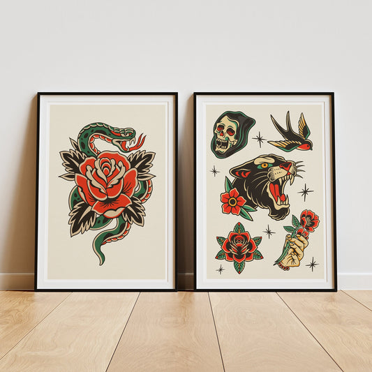 Traditional Tattoo - Snake Poster: Tattoo Flash Sheet Art Poster, Vintage Designs, Classic Ink-Inspired Wall Decor, Alternative Home Decor