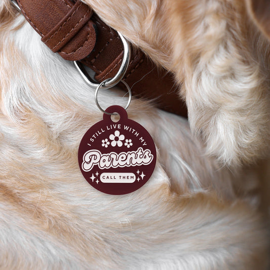 Live With My Parents - Flowers Dog Tag: Personalised Dog ID Collar Tag, Funny Custom Pet Safety Accessories, New Pet Essentials, Dog Gift