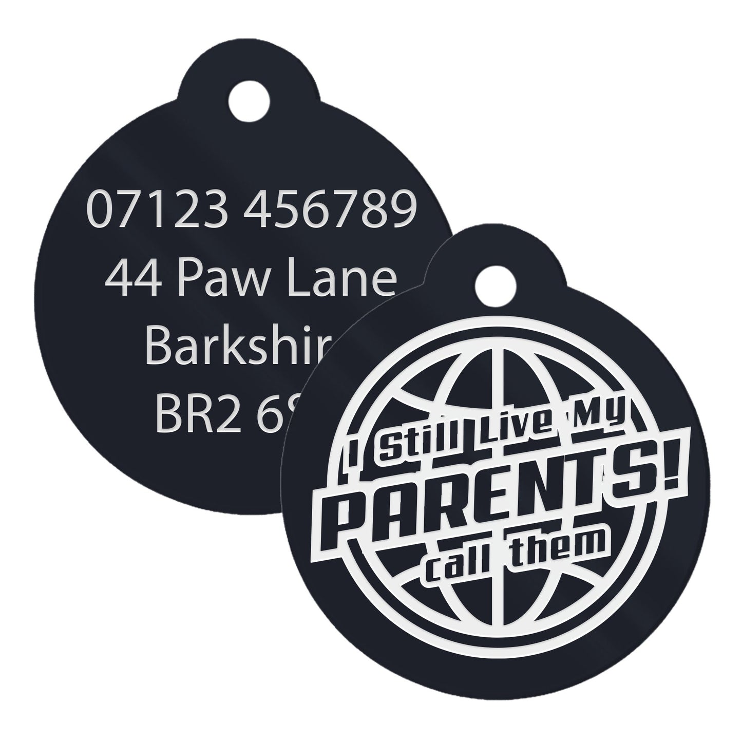 Live With My Parents - Globe Dog Tag: Personalised Dog ID Collar Tag, Funny Custom Pet Safety Accessories, New Pet Essentials, Dog Gift