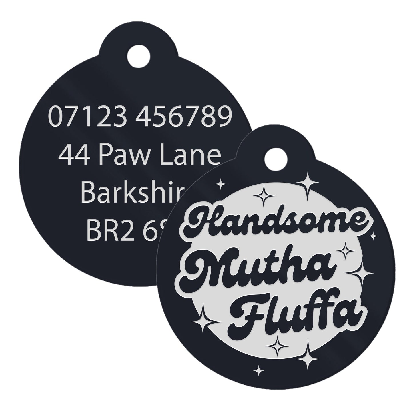 Handsome Mutha Fluffa - Personalised Dog ID Collar Tag: Funny Custom Pet Safety Accessories, New Pet Essentials, Cheeky Unique Gift For Dog