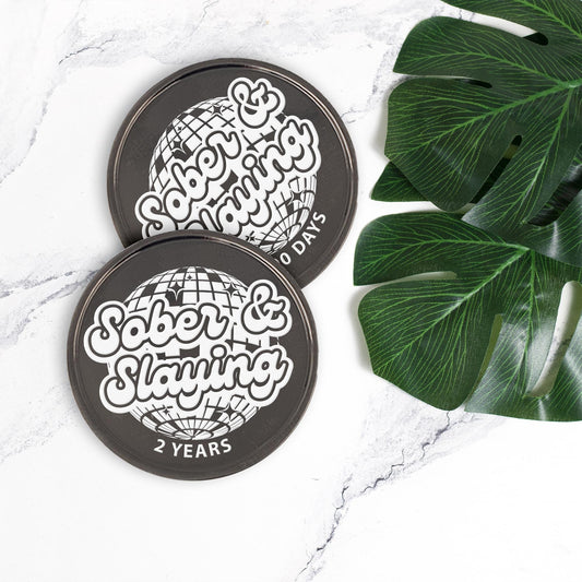 Sober & Slaying - 01 Sobriety Coin: Custom Sobriety Token, Personalised Milestone, Sobriety Keepsake Gift, AA Chip, Addiction Recovery Token