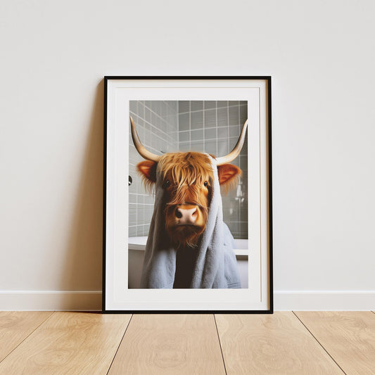 Highland Cow In Bathroom Poster: Bathroom Prints, Unique Home Decor, Cool Wash Room Print, Cute Bathroom Prints, Home Wall Art, Humours Art