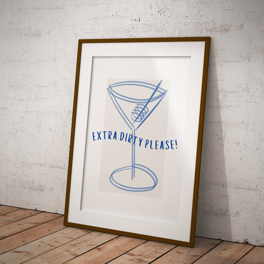 Dirty Martini - Blue Sketch Poster: 'Extra Dirty Please' Print, Home Bar Wall Art, Modern Home Decor, Kitchen Decor, Cocktail Lover Gift
