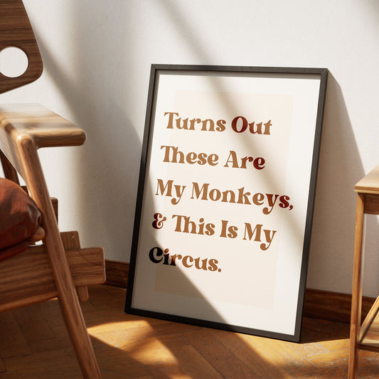 These Are My Monkeys & This Is My Circus - Classic Poster: Cool Print, Home Decor, Gallery Wall Art, Bold Typography Wall Art, Funny Quote