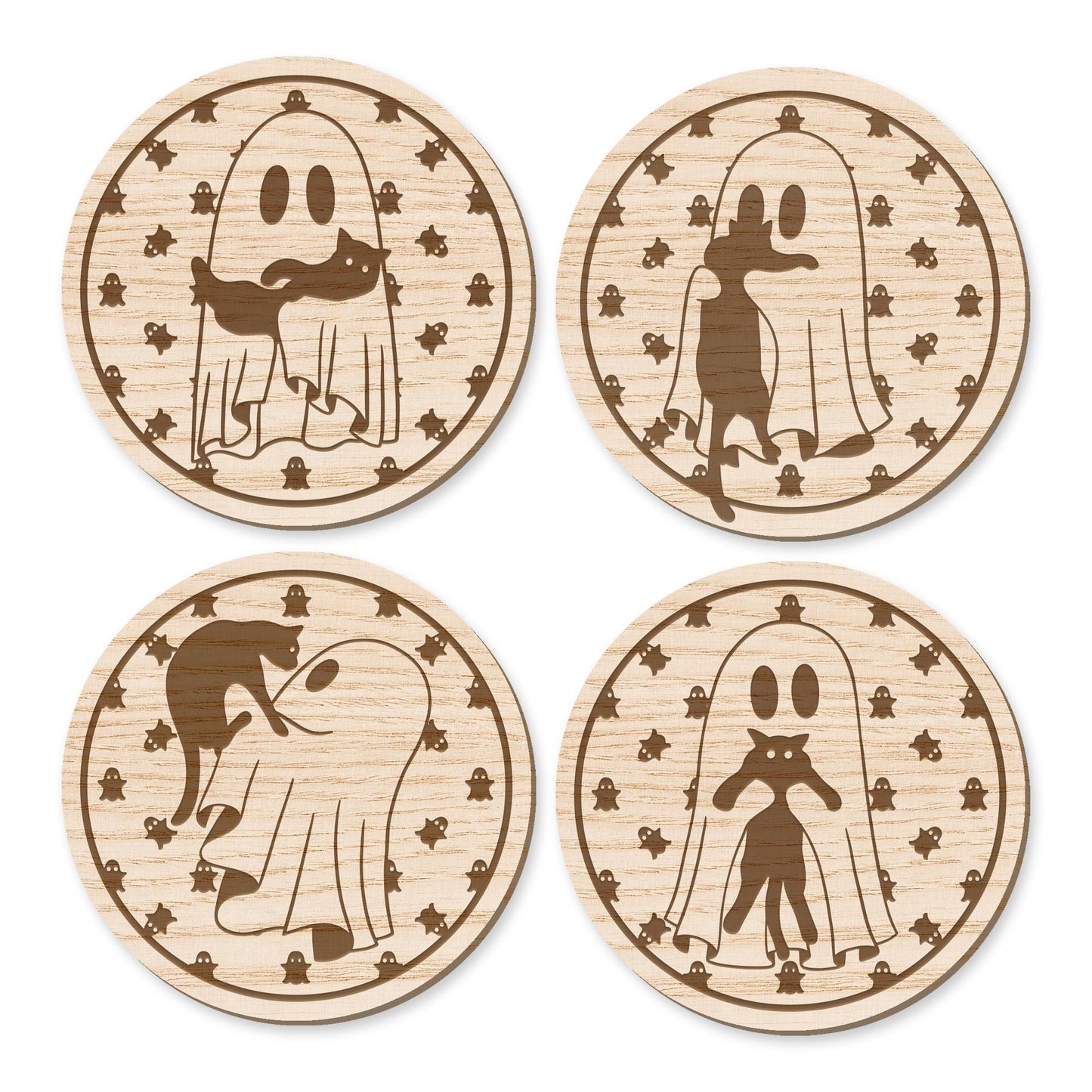 Ghosts With Cats Coaster Set: Autumnal Coaster Set, Rustic Wooden Fall Decor, Ghost Coaster, Halloween Decor, Cat Lover, Autumn Home Decor