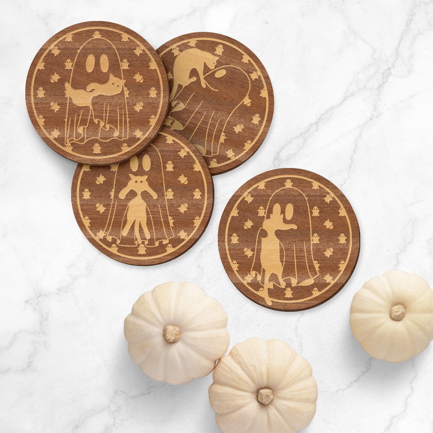 Ghosts With Cats Coaster Set: Autumnal Coaster Set, Rustic Wooden Fall Decor, Ghost Coaster, Halloween Decor, Cat Lover, Autumn Home Decor
