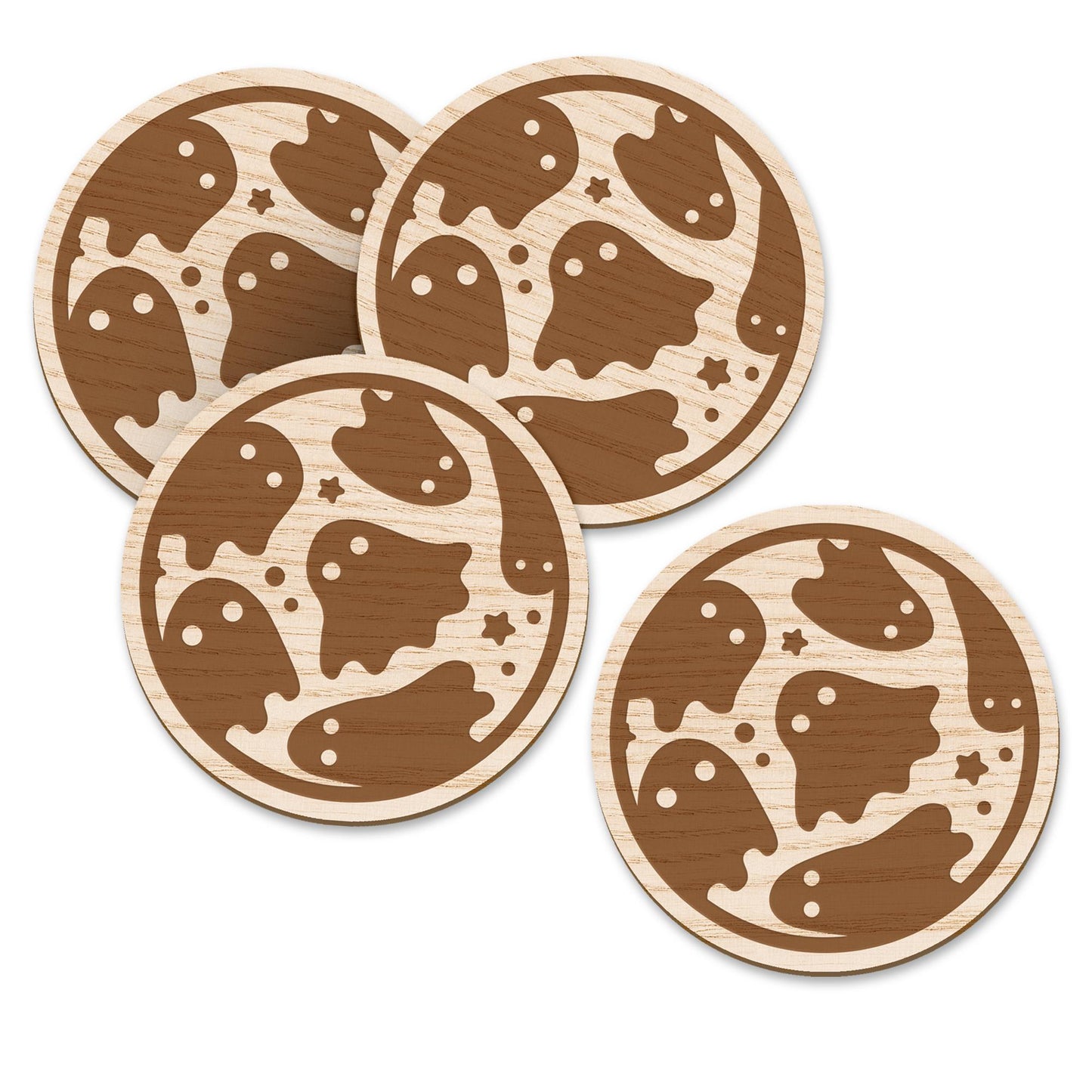 Ghost Pattern Coasters Set: Autumnal Coaster Set, Rustic Wooden Fall Decor, Ghost Coasters, Cute Halloween Decor, Autumn Cosy Home Decor