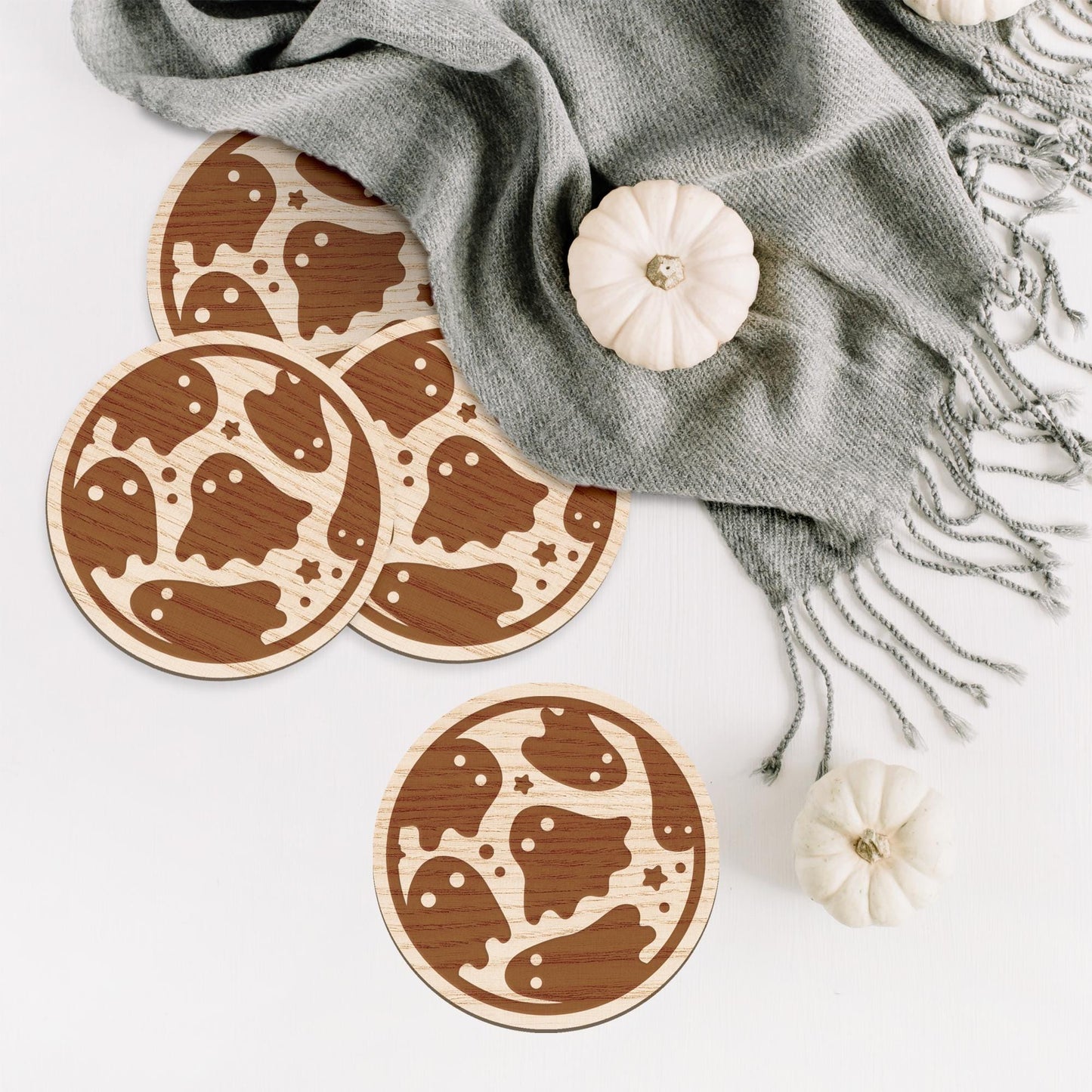 Ghost Pattern Coasters Set: Autumnal Coaster Set, Rustic Wooden Fall Decor, Ghost Coasters, Cute Halloween Decor, Autumn Cosy Home Decor