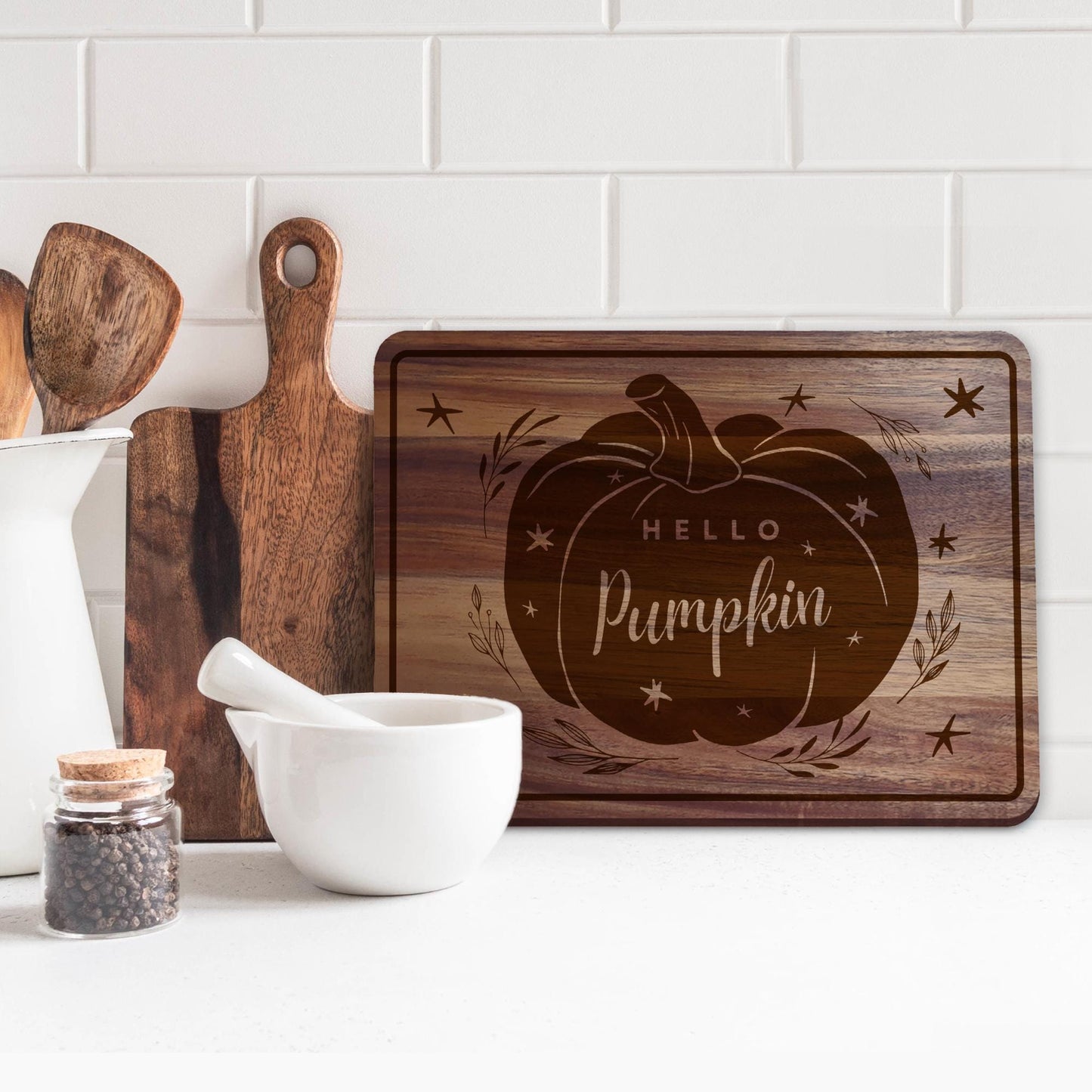 Hello Pumpkin Chopping Board 01: Fall Kitchen Decor, Autumnal Home Decor, Fall Gift, Halloween Serving Board, Cosy Seasonal Home Accessories