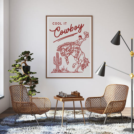 Cool It Cowboy 01 Poster: Western-Themed Wall Art, Rustic Home Decor, Cool Print, Modern Typography Poster, Cowboy Quote, Wild West Print