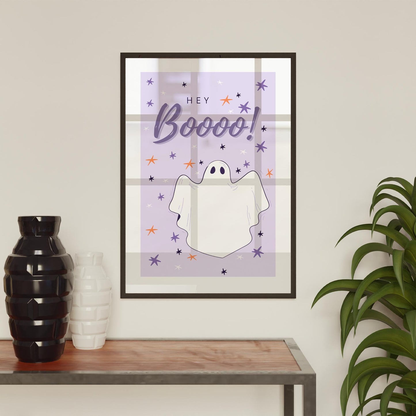 Hey Boo - Purple Ghost Poster: Seasonal Decor, Fall Wall Art, Spooky Vibes Print, Halloween Poster, Autumnal Home Decor Gift, Cute Ghost